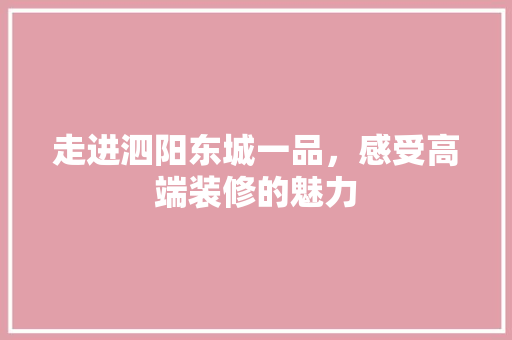 走进泗阳东城一品，感受高端装修的魅力